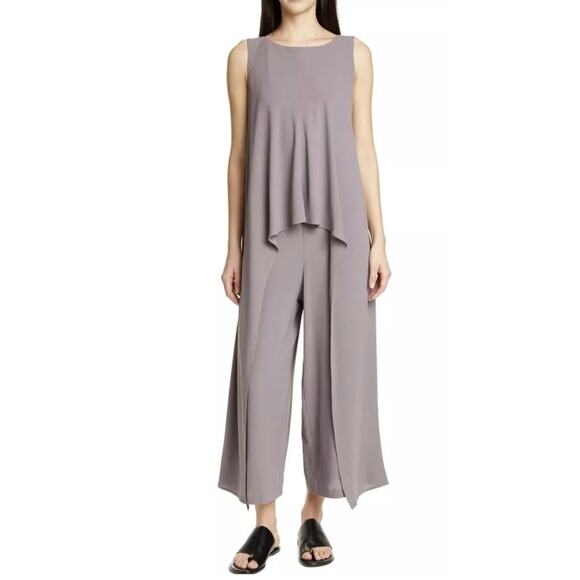 EILEEN FISHER Silk Georgette Bateau Neck Jumpsuit XL Gray Sleeveless Flowy Ankle - Picture 1 of 16